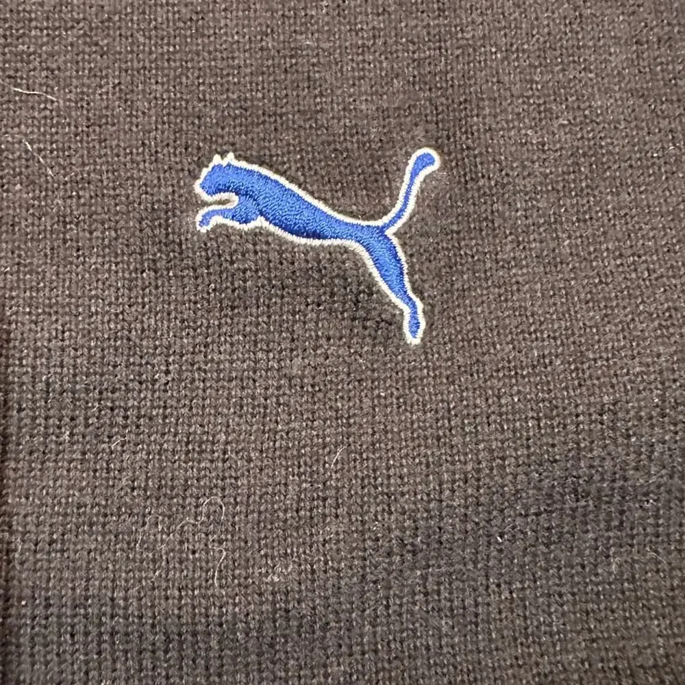 Puma Mens 3XL V-Neck Black Sweater with Blue Elbow Patches Trim and Logo